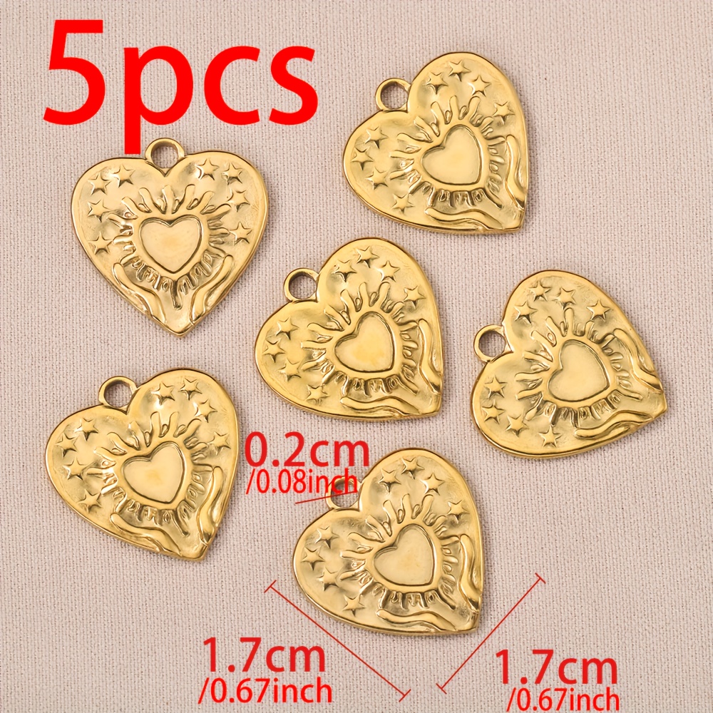 Image of 5pcs Stainless Nameplate Pendant Charms 1.7cm Golden Pentagram Luminous Heart Pattern Relief Pendant Necklace Bracelet Jewelry Additions
