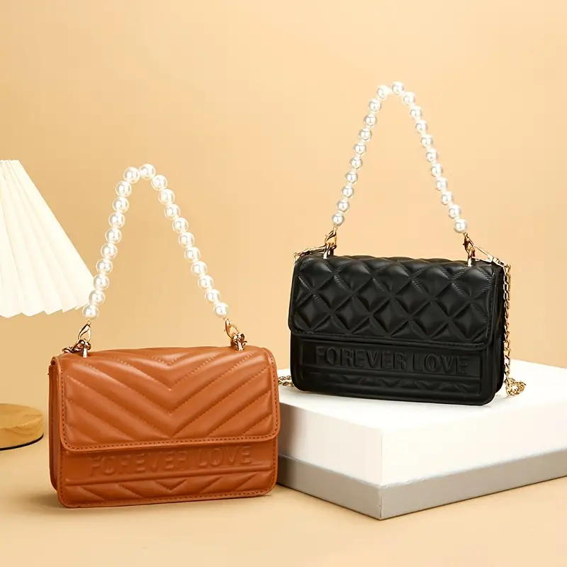 Quilted Pearl Chain Underarm Bag, Fashionable Shoulder Bag For Women,  Simple Solid Color PU Leather Bag