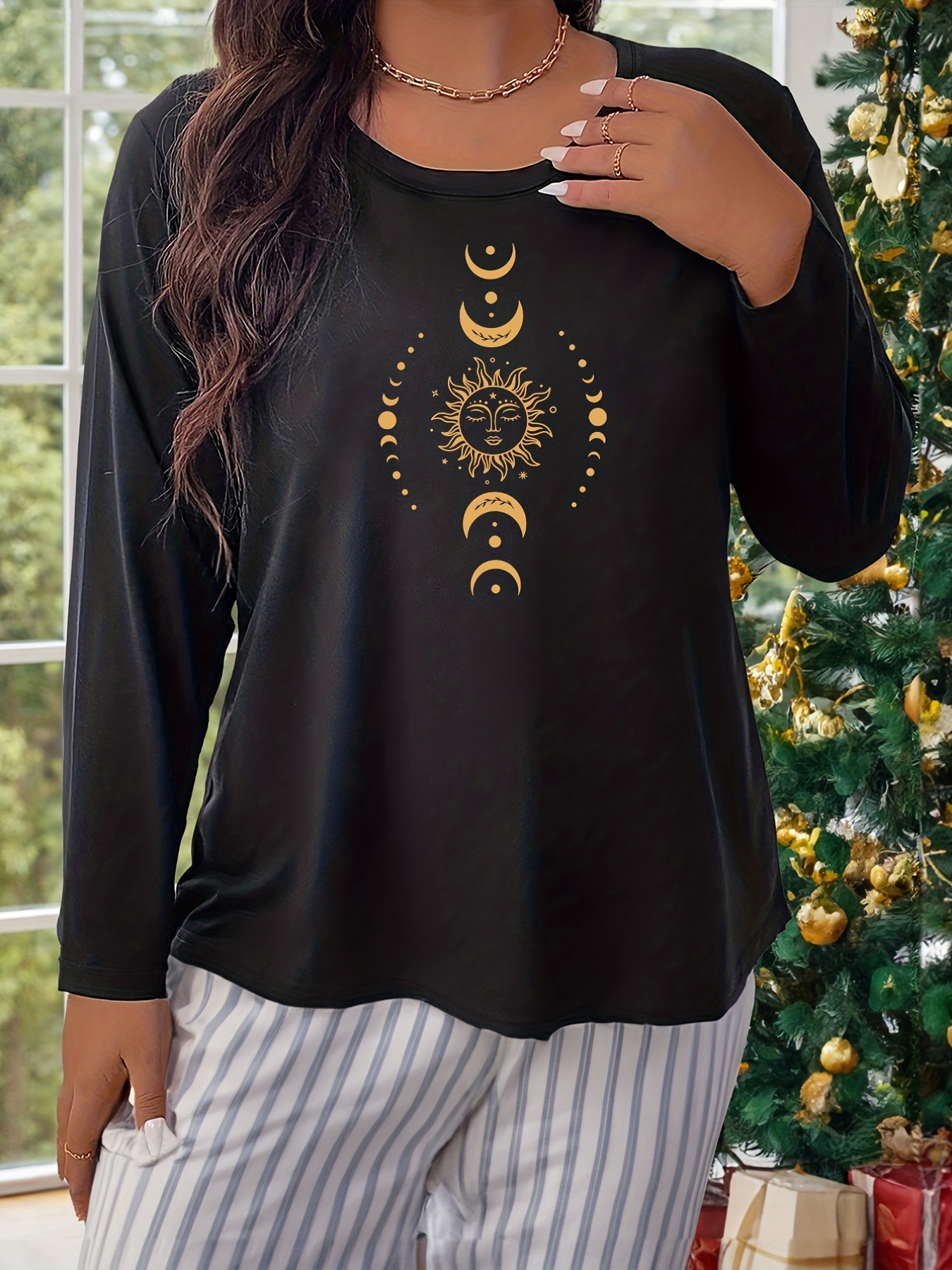 Moon & Sun Print Plus Size Lounge Top Long Sleeve Pajama