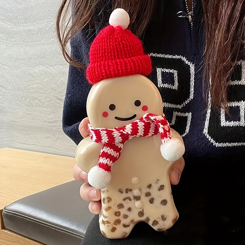 4pcs/Set Cartoon Gingerbread Man Pattern Plastic Bottle For New Year Drink,  With Scarf & Hat