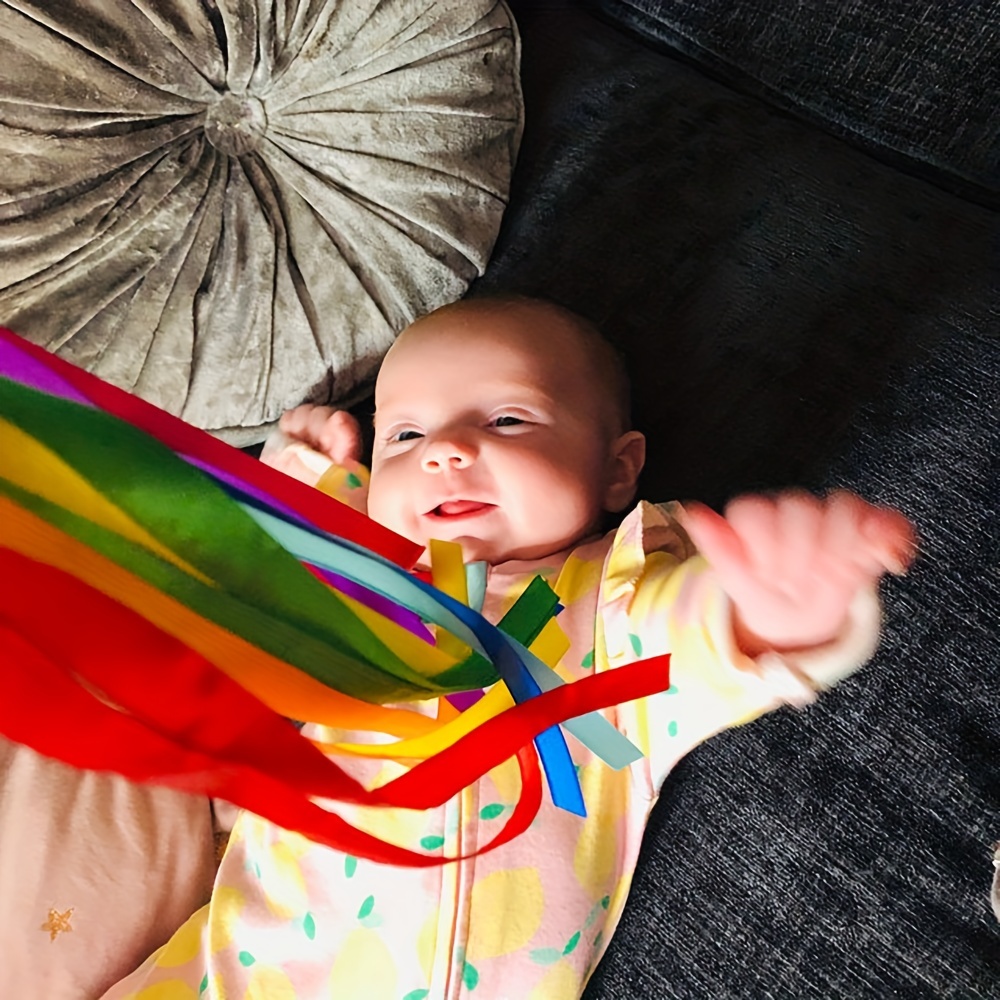 2PCS Rainbow Hand Kite Toys Bells,Rainbow Ribbon Sensory Toy for Babies  0-12 Months Montessori Baby Toys Baby Rattle Creative Learning Waldorf Toys  for 1 2 3 Year Old Ribbon Streamers for Kids 