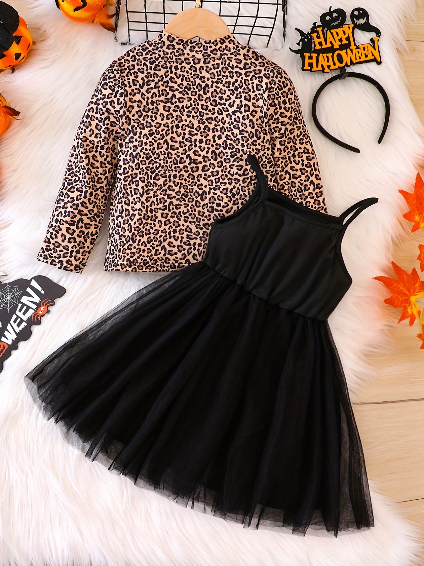 Girl's Mesh Sundress & Leopard Pattern Top Set