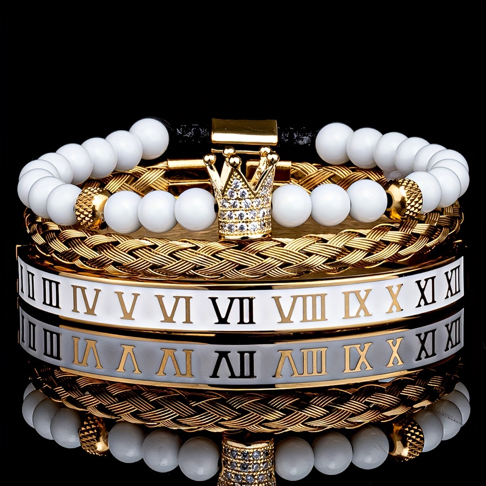 

Luxury Crown Charm Golden Skull Bracelet, Stainless Steel Men's White Enamel Roman Numerals Bangle Fashion Jewelry