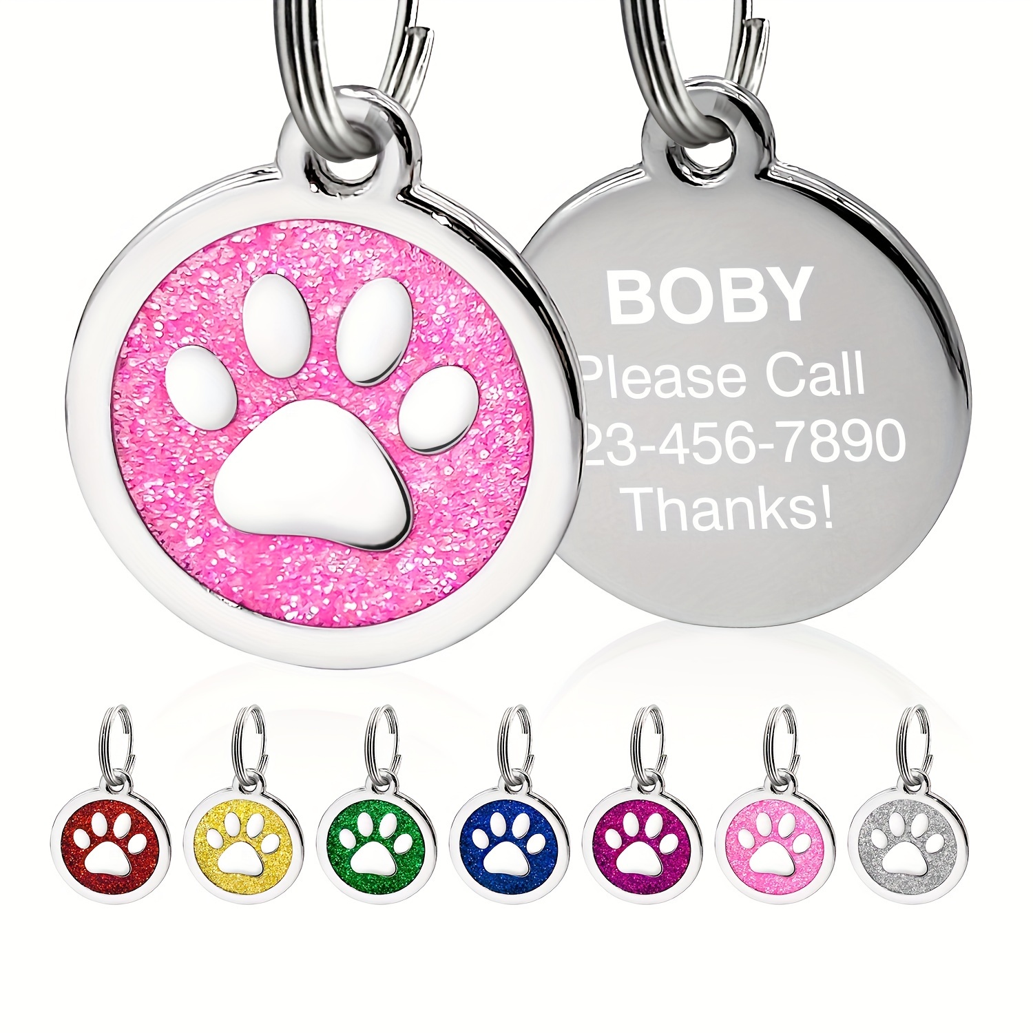 

Personalized Dog Tag - Engraved Dog Name Tag, Slide On Cat Id Tags, Round Paw Glitter Dog Tag