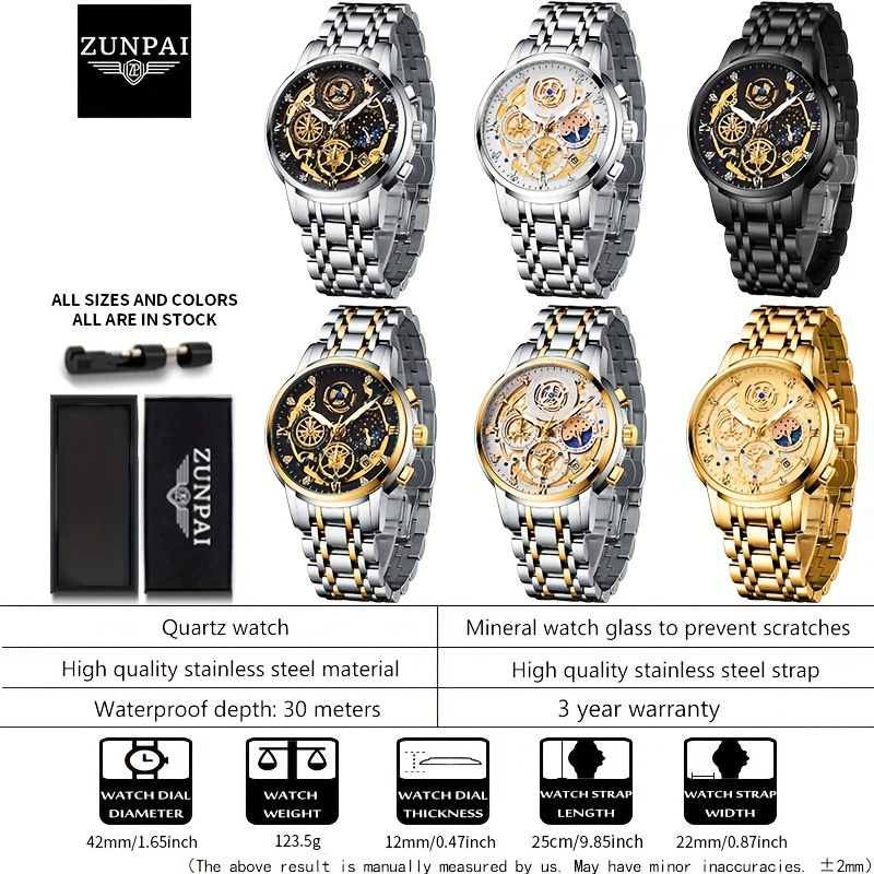 Mens Watch Waterproof Stainless Steel Silver Golden High Quality Business  Fashion Watch For Men Analog Multifunction Chronograph Sun Moon Sta Calendar  Luminous Wristwatch Luxury Brand Authentic Free With Box | Don't Miss