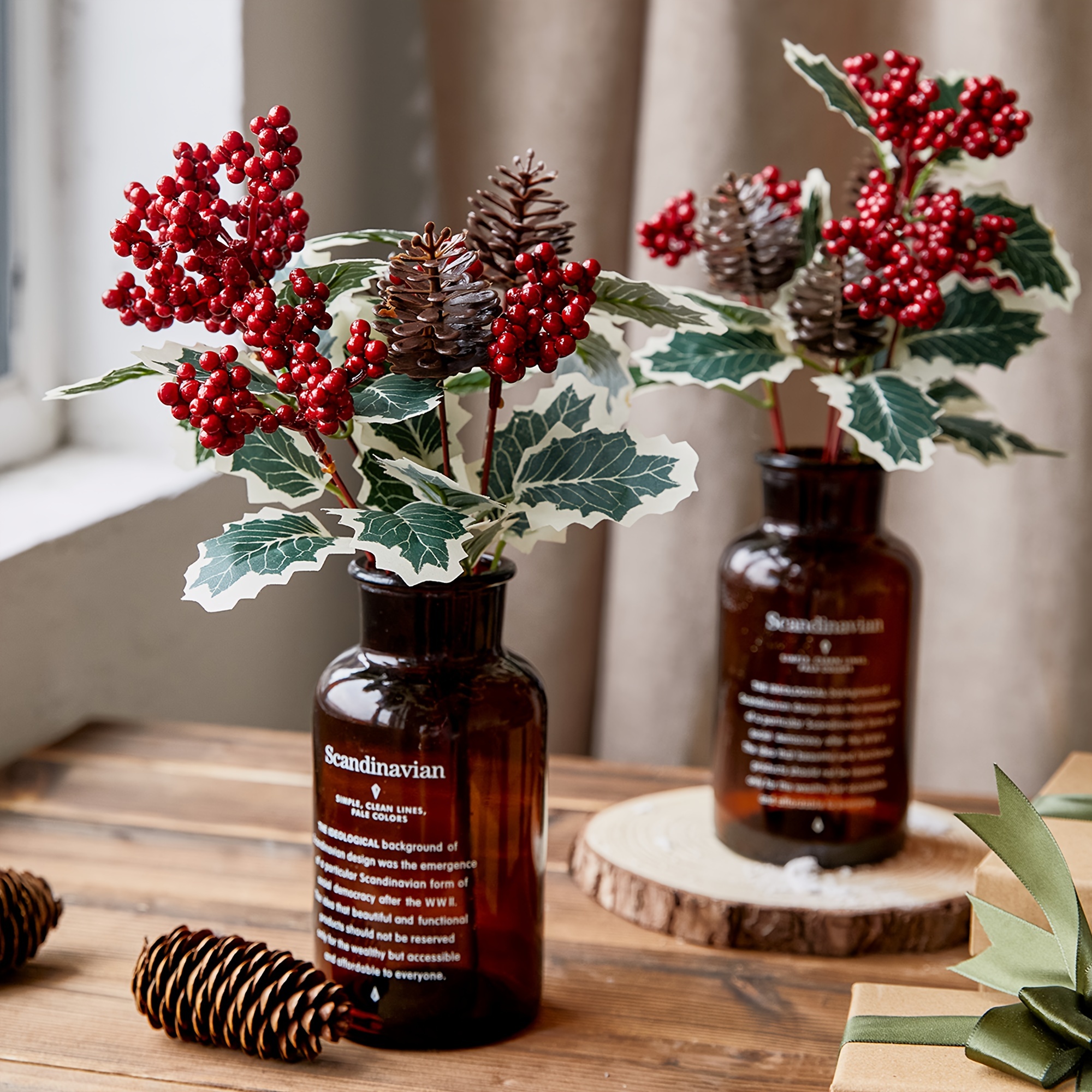 Christmas Holly and Berries Pick With Pine Cones Red Berries Pine Holly  Leaves, Christmas Flowers for Christmas Wreath Home Decor 11 