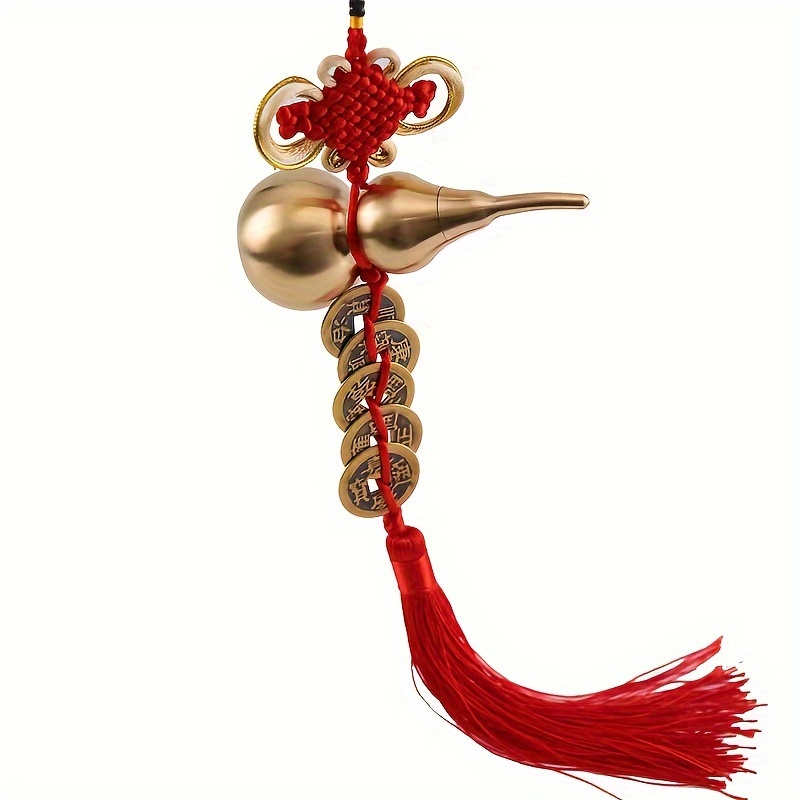 

Brass Chinese Knot 5 Emperor Coins Car Pendant Copper Gourd Bottom Can Be Opened To Install Cinnabar Accessories Retro Small Gift