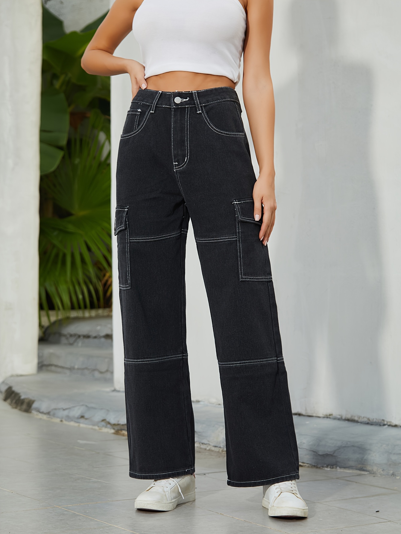 Multi-Pocket Baggy Cargo Pants, Loose Fit Non-Stretch With Belt Straight  Jeans, Y2K & Kpop Vintage Style Women's Clothing & Denim