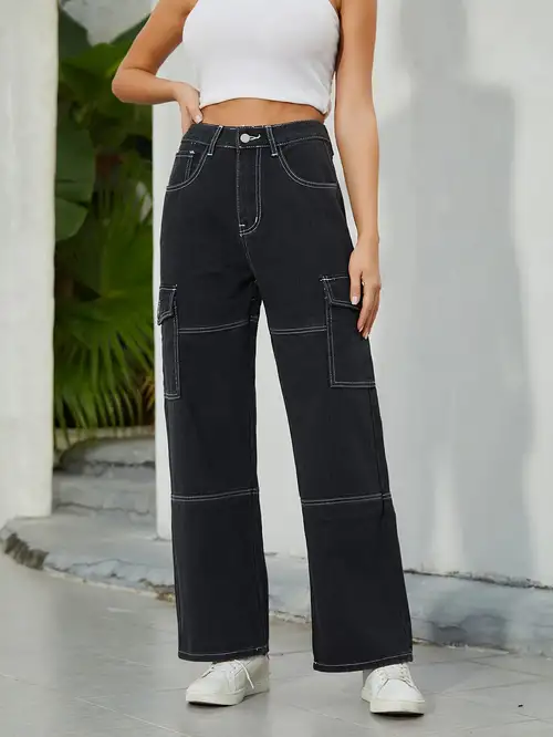Camo Flap Pockets Cargo Pants, Loose Fit High Waist Non-Stretch Straight  Legs Denim Pants, Y2K Kpop Vintage Style, Women's Denim Jeans & Clothing