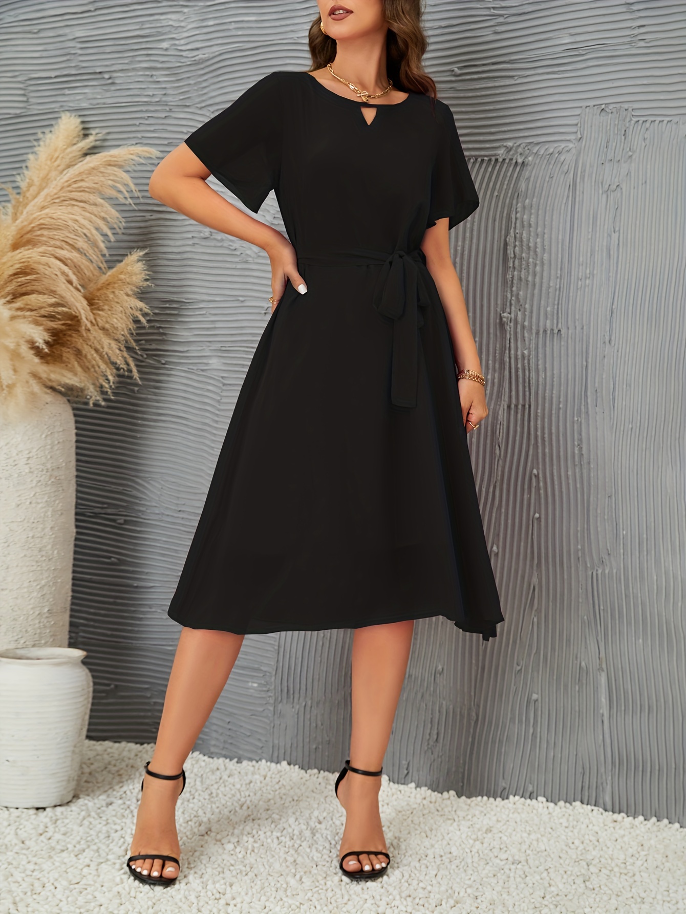 Black Turtle Neck Skater Midi Dress with Keyhole | SilkFred US