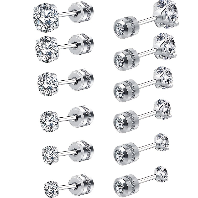 

's Hot Sale Fashion Stainless Steel Earring Set, 6 Pairs, White Round Artificial Synthetic Cubic Zirconia Earrings 3-8mm Embossed Floral Pattern Stud Earrings