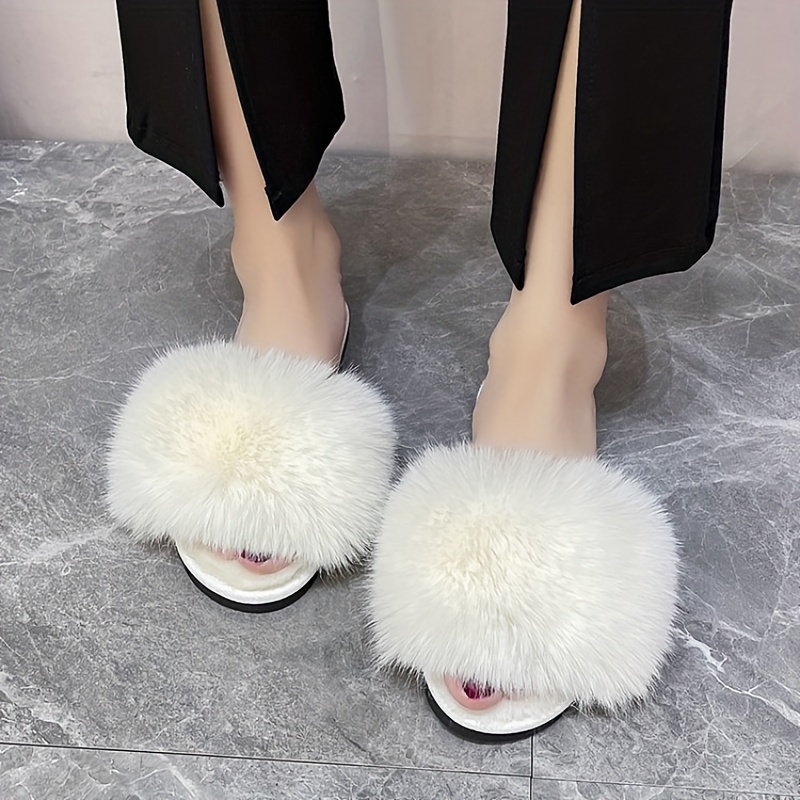 Women's Fluffy Furry Slippers Solid Color Cozy Warm Open Toe - Temu