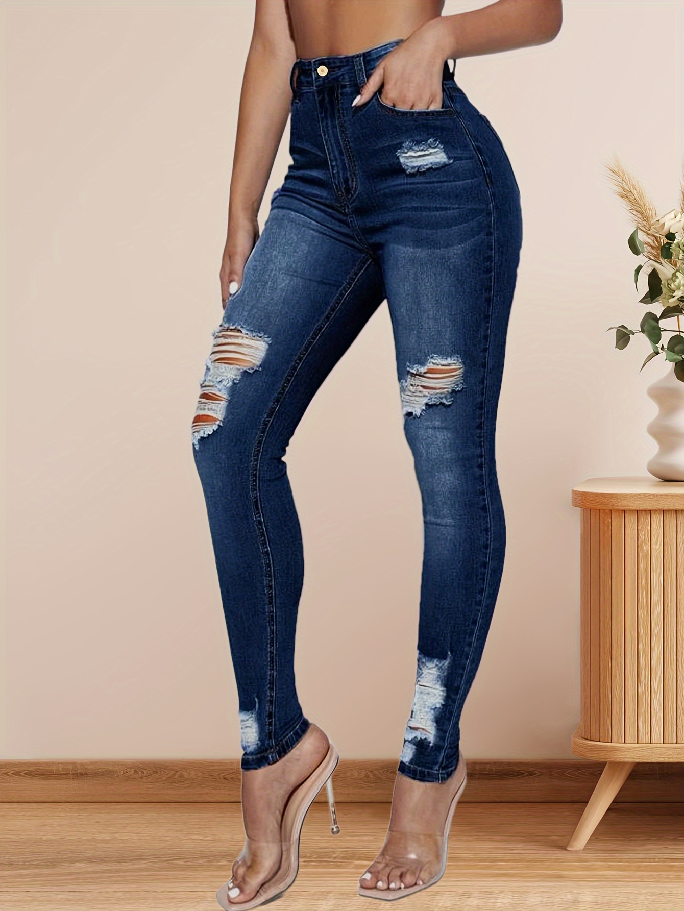 Blue Ripped Holes Skinny Jeans, Slim Fit High Stretch Distressed Tight  Jeans, Women's Denim Jeans & Clothing
