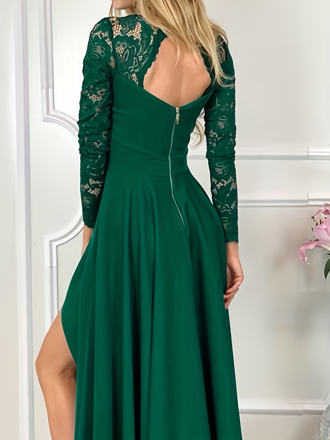 Forest Green Lace Long Dress With V Neck And Lace Up Open Back