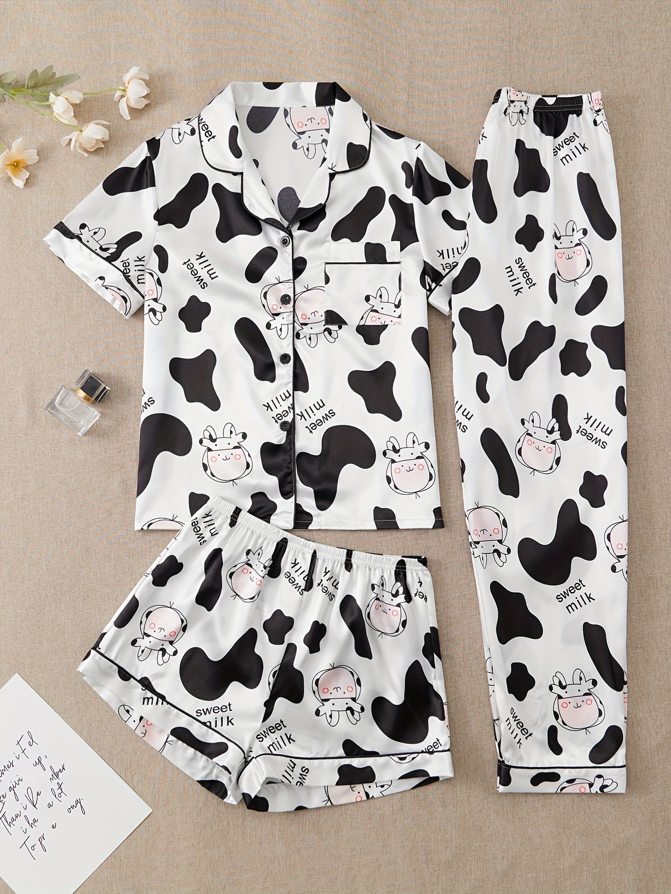 Cartoon Bear Print Pajama Set Long Sleeve Lapel Buttons Top - Temu Canada