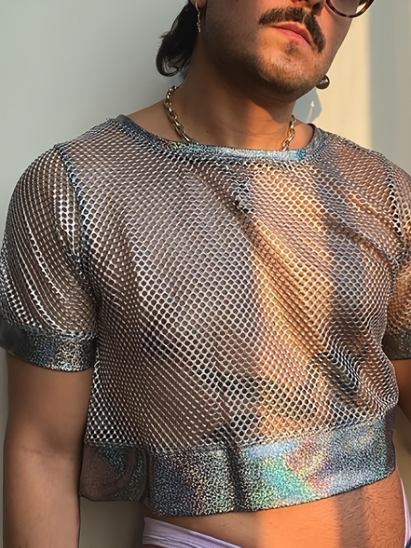 Huakaishijie Men Fishnet Top Mesh See Through Hollow Out Muscle T