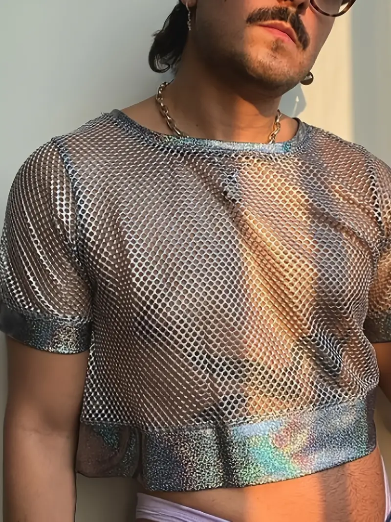 Men's Short Sleeve Shiny Fishnet Crop Tops Sheer Mesh Nightclub Party  Costume, Streetwear Sexy Clothing, Coquette Style