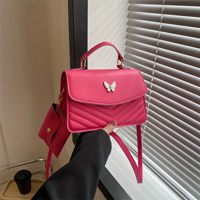 Neon Pink Butterfly Decor Flap Square Bag
