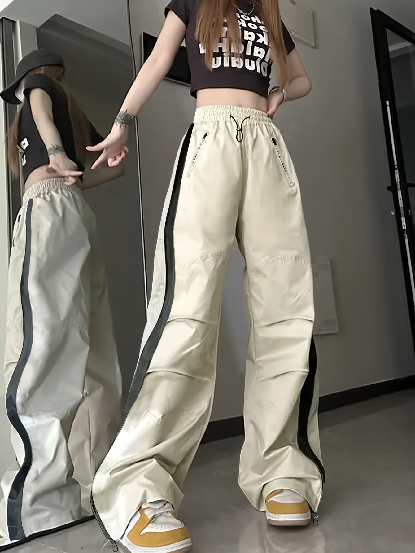 Zipper Pockets Wide Leg Cargo Pants, Y2K High Waist Drawstring Color Block  Pants For Every Day, Women's Clothing