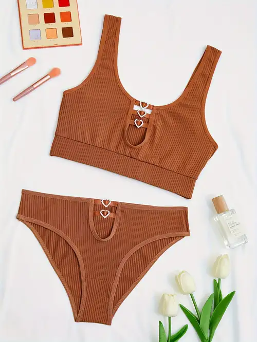 Seamless Ribbed Knit Sports Lingerie Set, Comfortable Elastic Intimates Bra  & Bikini Panty, Women's Lingerie & Underwear