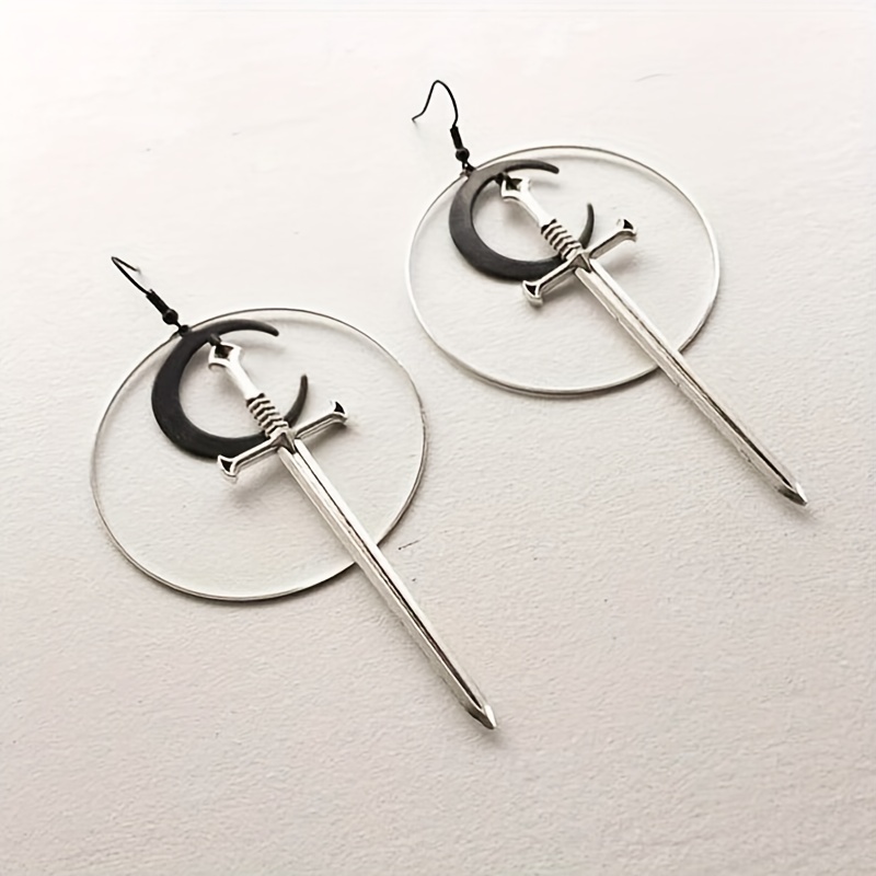 Moon Silvery Sword Hollow Circle Dangle Earrings, Goth Style