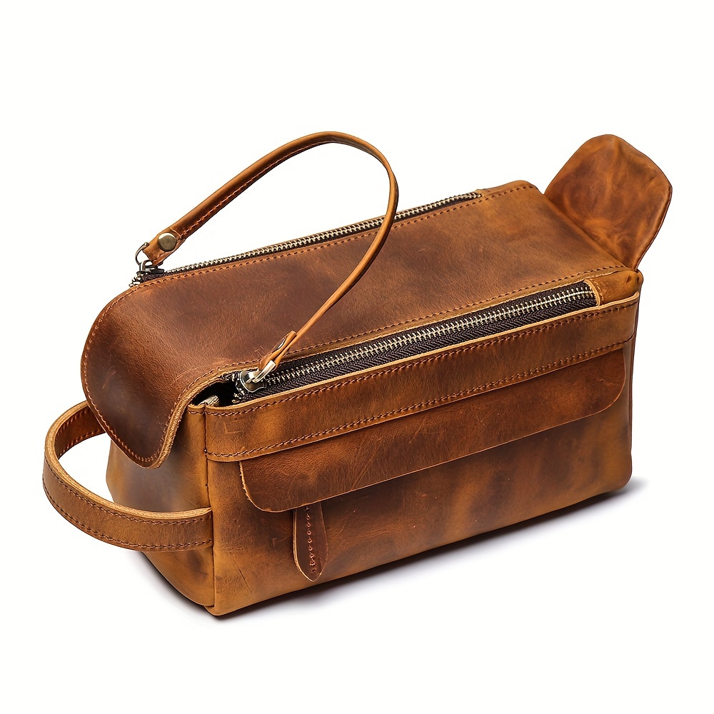 Vintage Multi-functional Genuine Leather Men's Toiletry Bag With Large Capacity Crazy Horse Leather Travel Organizer, Retro Multi-functional Leather Handbag For Men's Makeup Bag, Large Capacity Crazy Horse Skin Toiletries Storage Bag