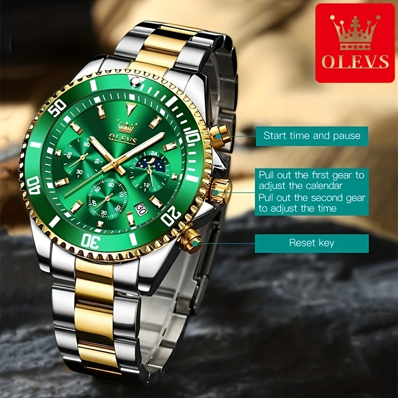 OLEVS Mens Watches Chronograph Luxury Dress Moon Phase Quartz Stainless  Steel Waterproof Luminous Business Calendar Wrist Watch Green Dial 