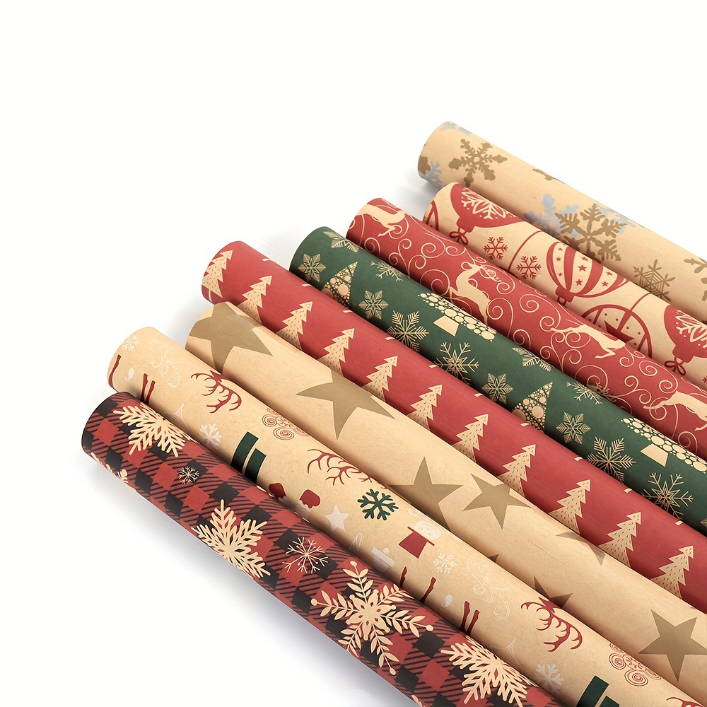 10pcs, Christmas Wrapping Paper 12 Sheets Of Folded Brown Kraft Paper With  Red And Green, Greetings, Snowflakes, Reindeer, Christmas Tree Elements Ser