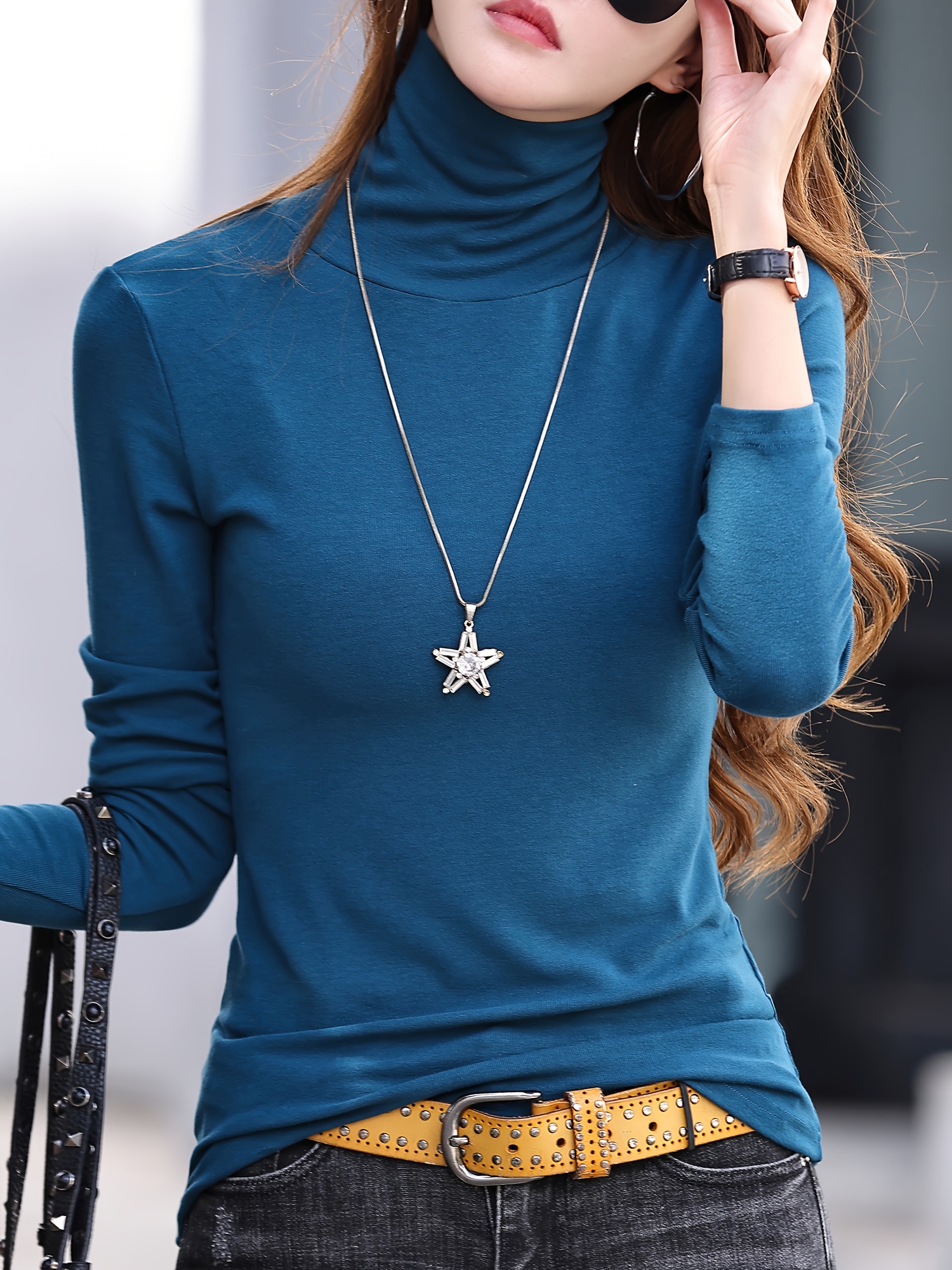 Solid Color Turtle Neck T shirt Casual Long Sleeve Slim T - Temu