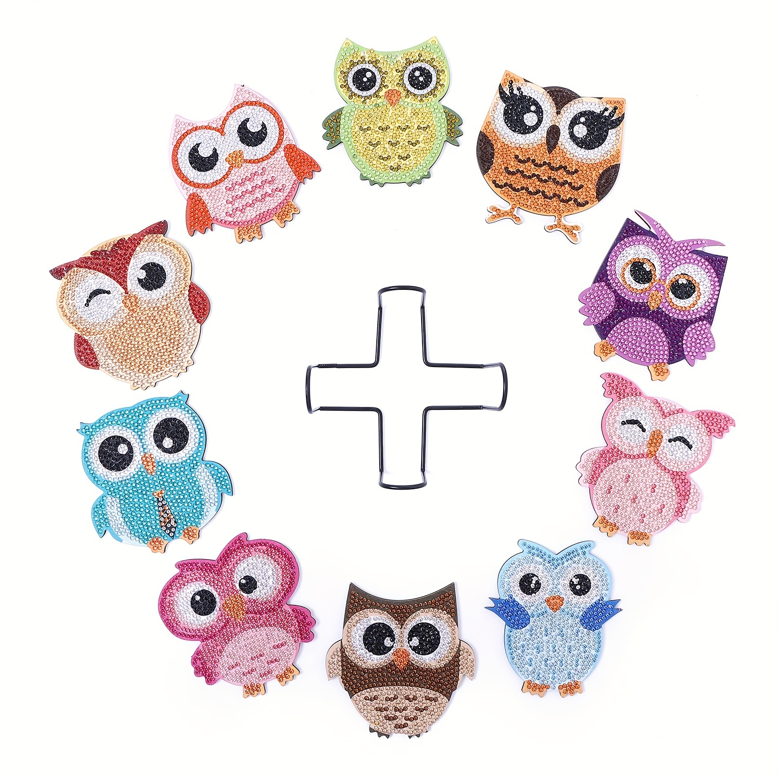 10pcs 10x10cm/3.94x3.94in Owl Shaped Diamond Painting Coasters Set, DIY Owl  Diamond Painting Coasters, With Holder, Art Craft Supplies For Beginners