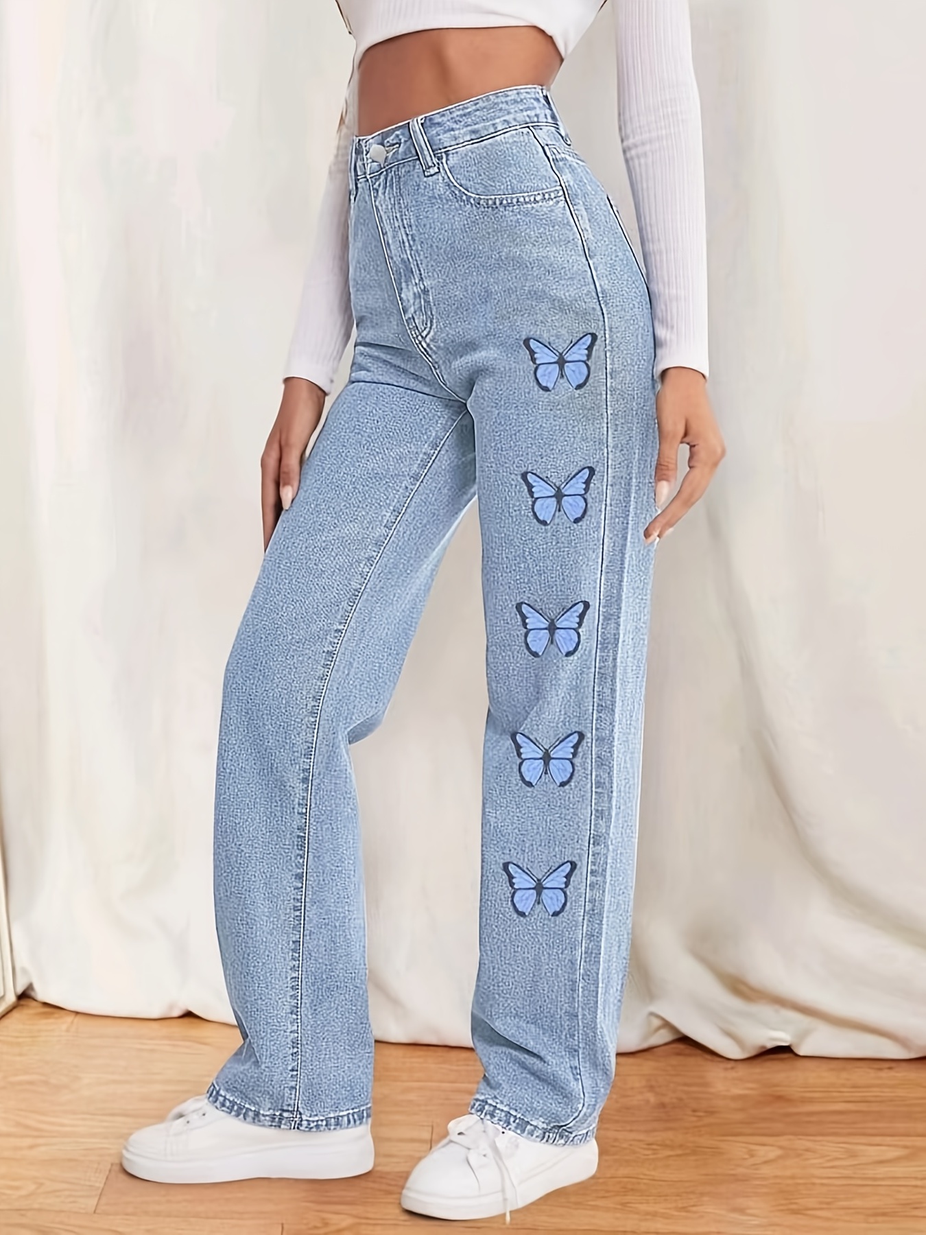 Floral Print High Waist Straight Jeans, Slash Pockets High Rise Loose Fit  Denim Pants, Women's Denim Jeans & Clothing - Temu United Arab Emirates
