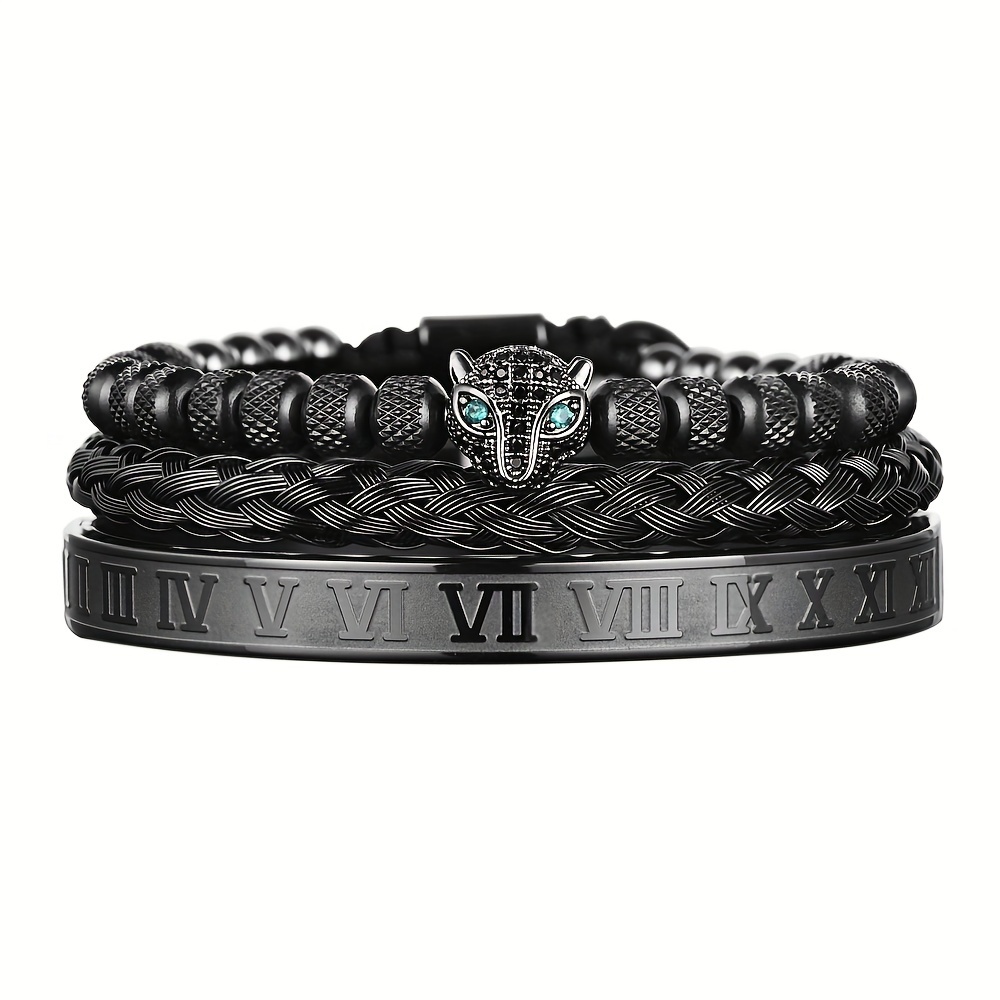 

3pcs/set Braiding Bracelets, Hip Hop Leopard Head Roman Numeral Bracelets, Stainless Steel Jewelry