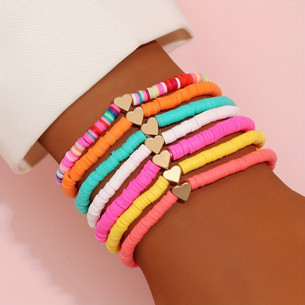 7pcs Mini Love Heart Beaded Anklet Set With Colorful Clay Beads Ladies  Elastic Ankle Bracelet Set