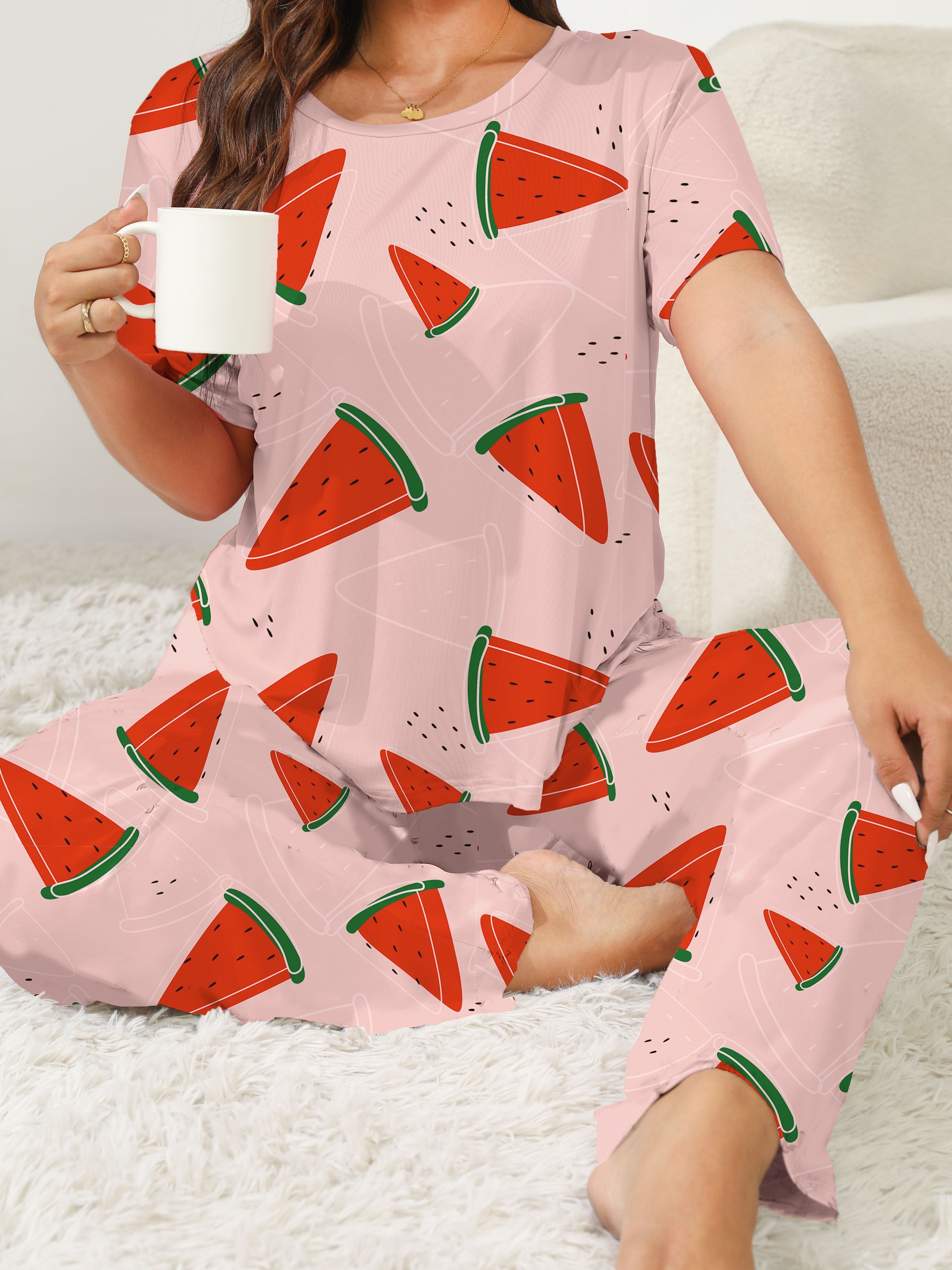 Plus Size Cute Loungewear Set Women's Plus Watermelon Cherry - Temu Canada