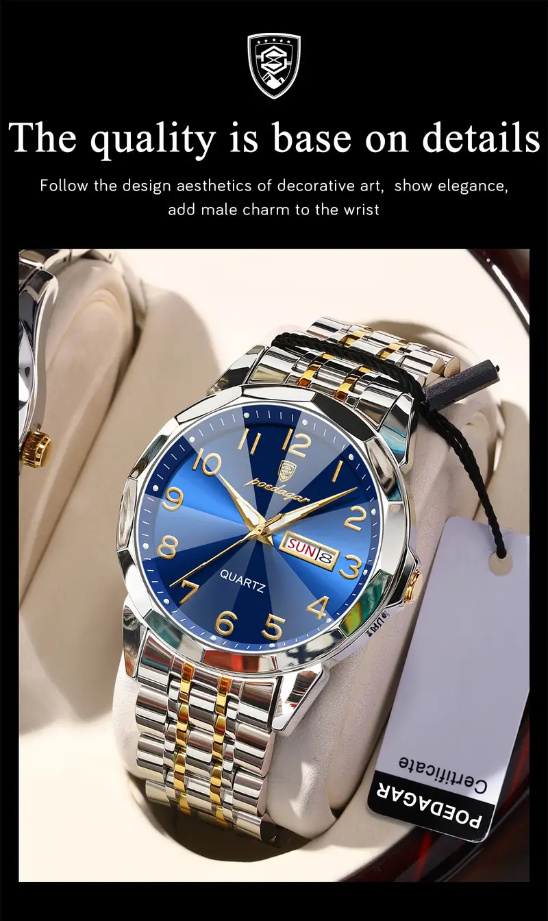 poedagar mens trendy quartz watch stainless steel waterproof luminous calendar wrist watch details 11