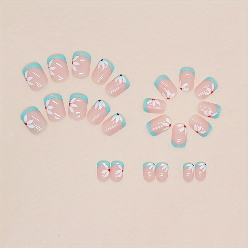 Mint Green French Tip Press Nails Nails Flower Design - Temu
