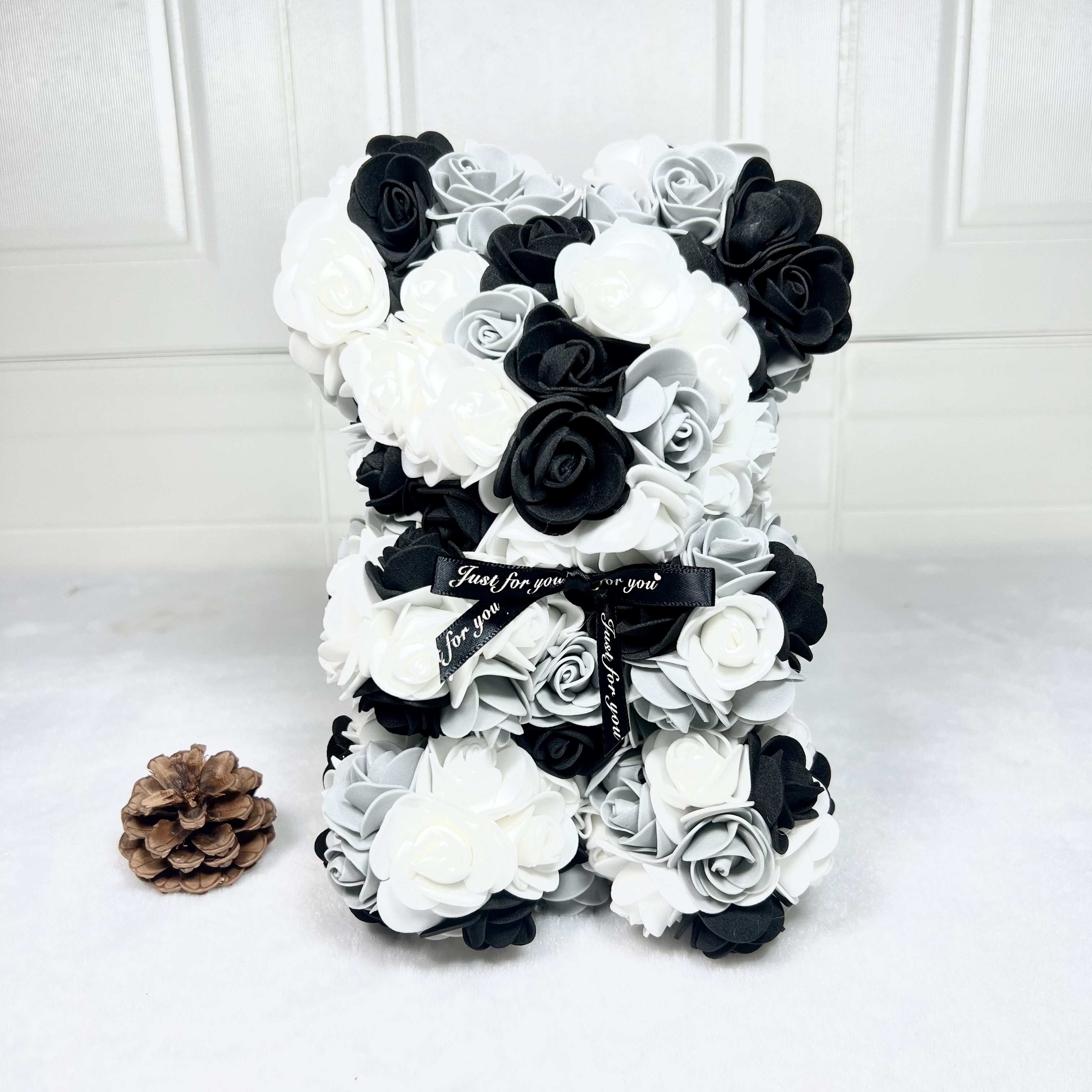 1pc Black And White Panda Rose Bear - Cute Artificial Flower Gift For Valentine's Day, Anniversary, Christmas, Birthday, Mother's Day - 9.7" Plastic Decoration With Roses And Ribbon, Panda Gifts