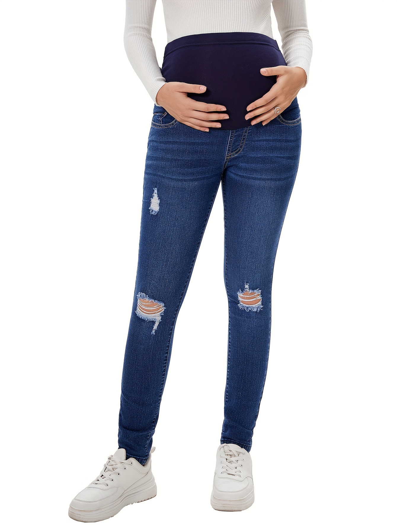 skpabo Pregnant Women Jeans,Fashion Solid Blue Maternity Trousers Slim Fit  Skinny Ripped Jeans Pregnant Over The Bump Vintage Denim Leggings,M-2XL 
