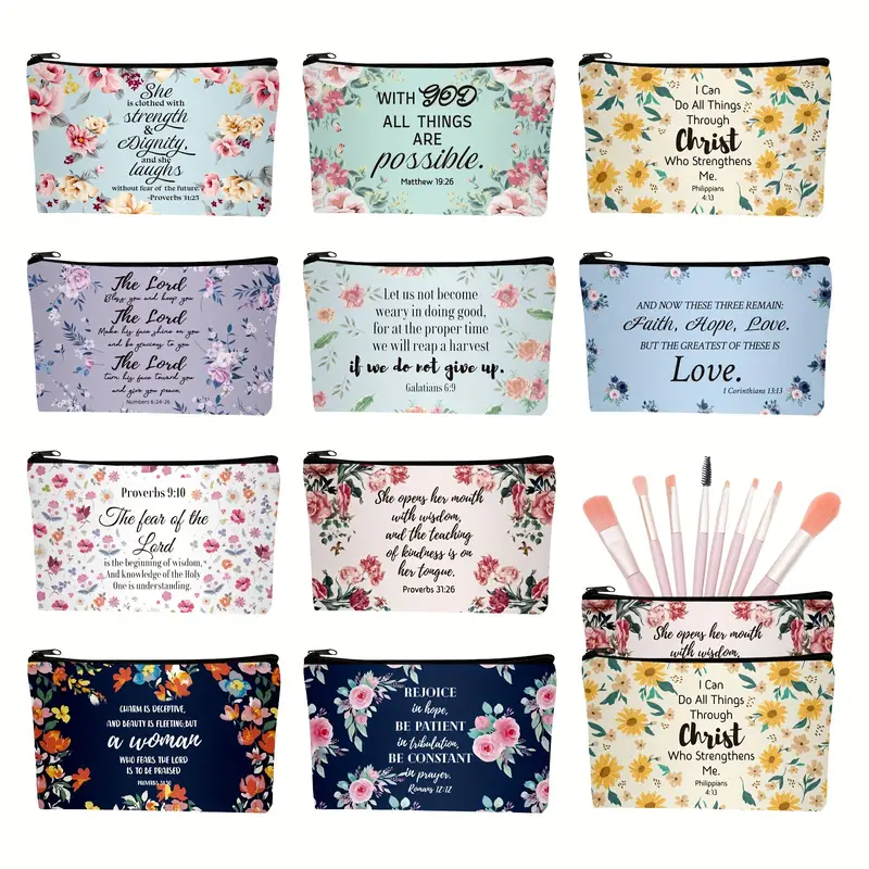 10 Pcs Christian Makeup Bag Bible Pencil Pouch Bible Cover Floral Cosmetic  Bags Set Christian Inspirational Religious Gifts Study Supplies For Women