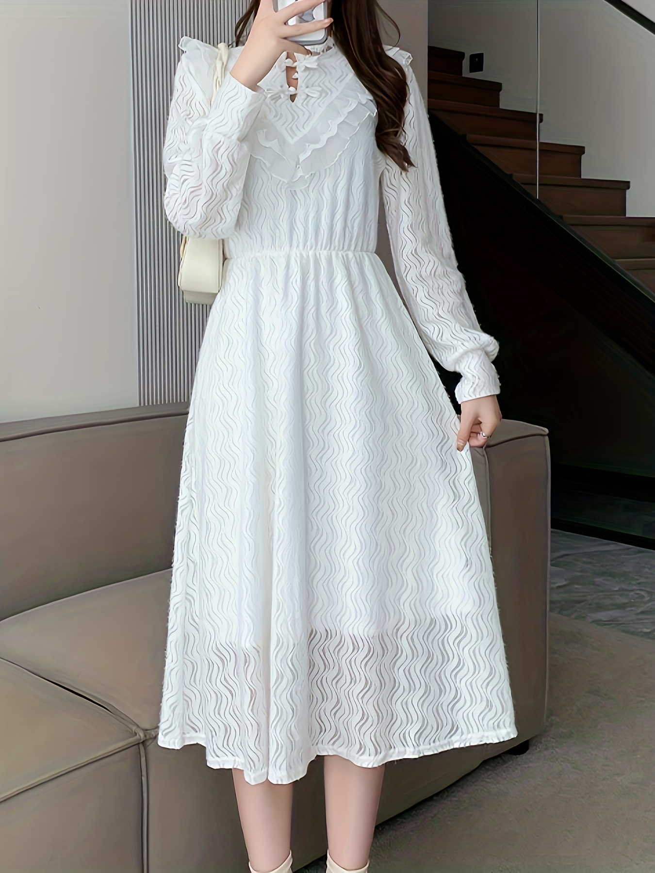 Contrast Lace Long Sleeve Dress Chic Dragonfly Button Front - Temu