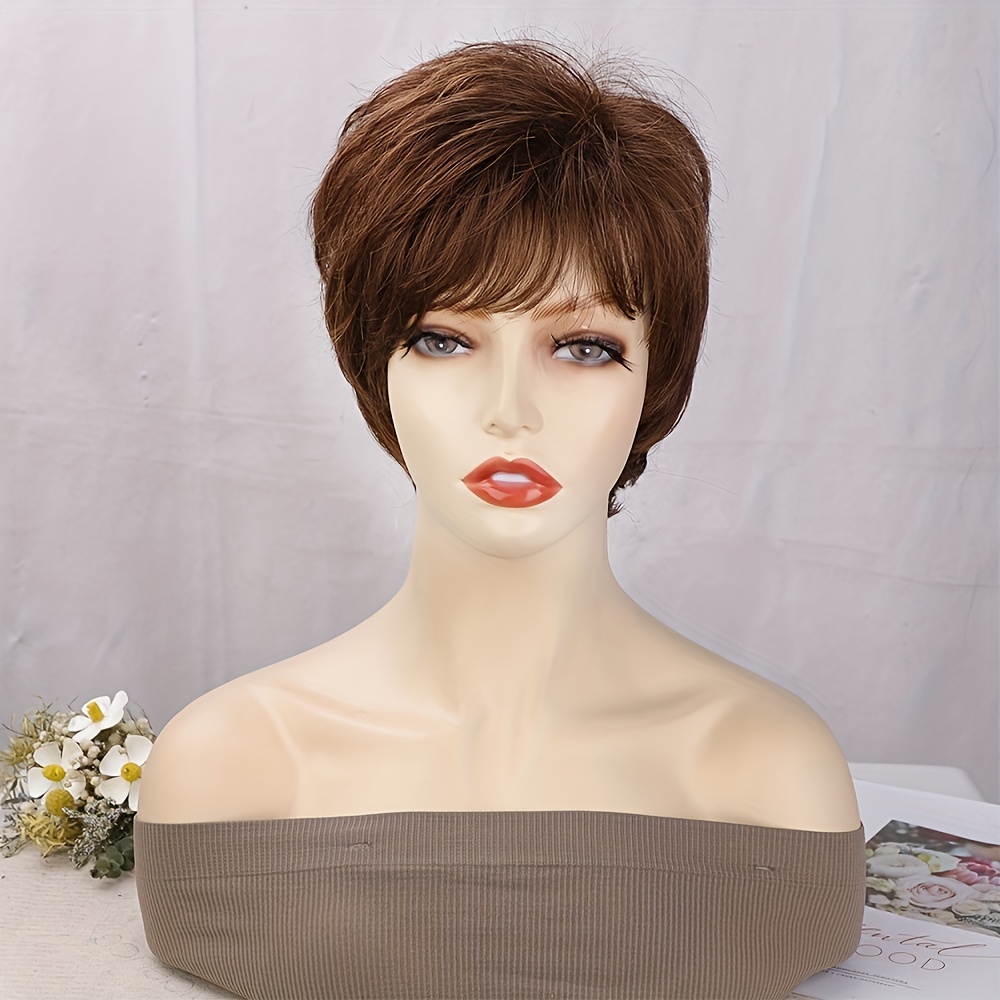 Short Brown Pixie Cut Wig with Bangs Natural Synthetic Fluffy Hair Wig 16 cm