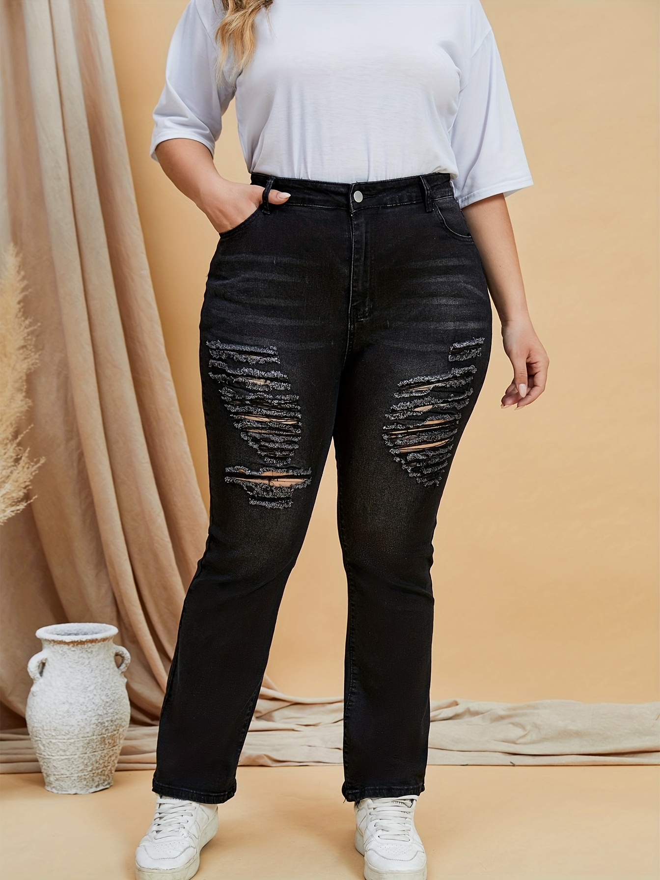 Plus Size Casual Jeans Women's Plus Ripped Button Fly Slight - Temu
