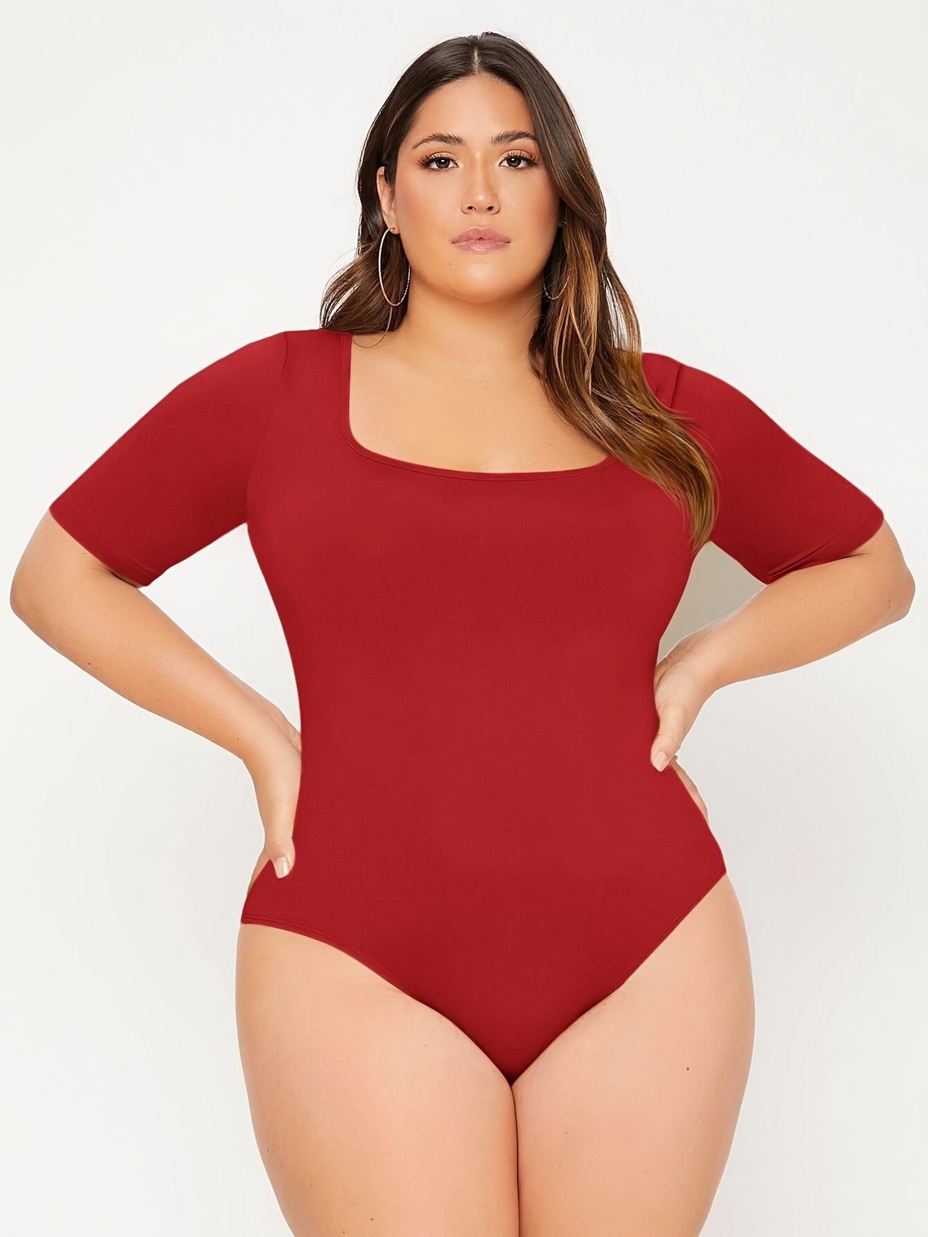 Plus Size Women Casual Square Neck Solid Short Sleeve Bodysuit