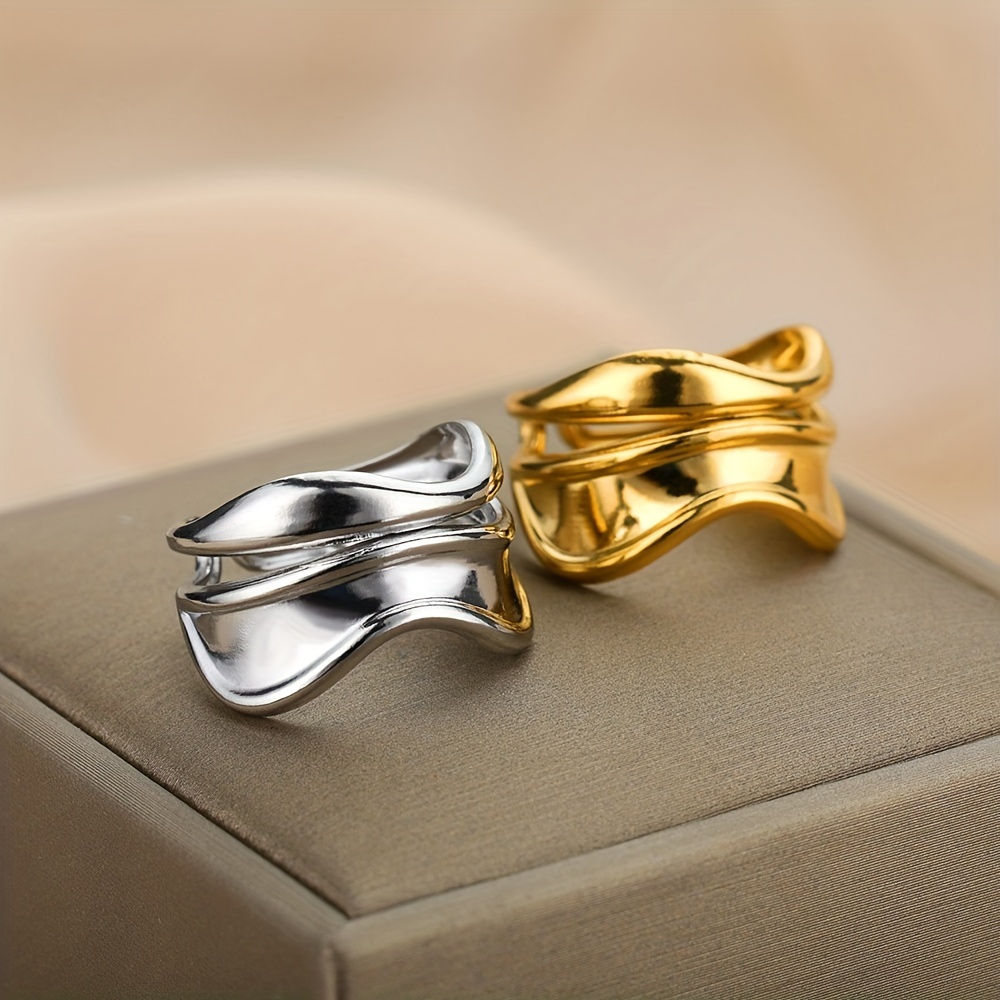 Golden Tone Stainless Steel Wave Open Ring