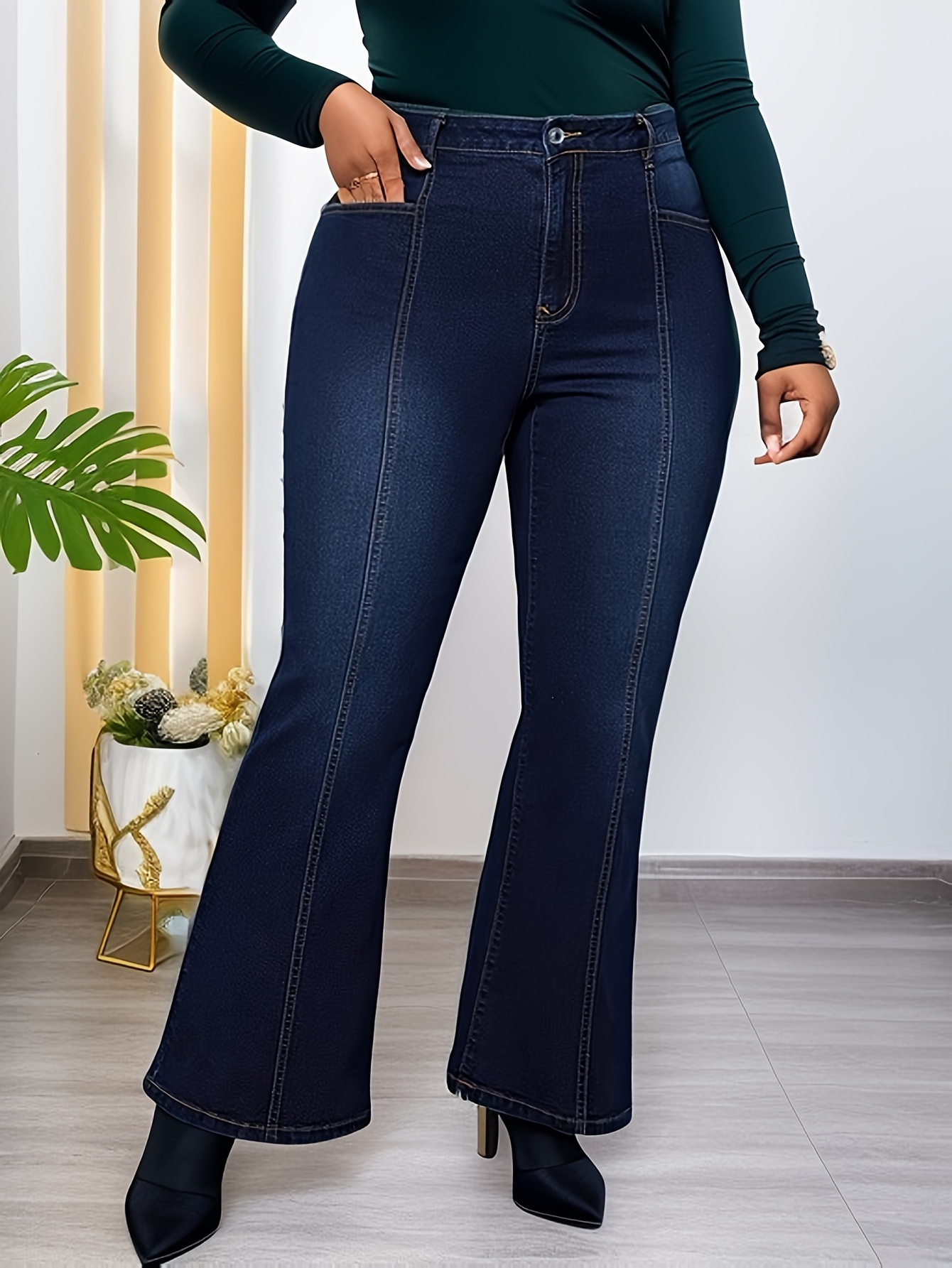 Women's Plus Size Jeans Pintuck Striped Bell Bottoms High - Temu