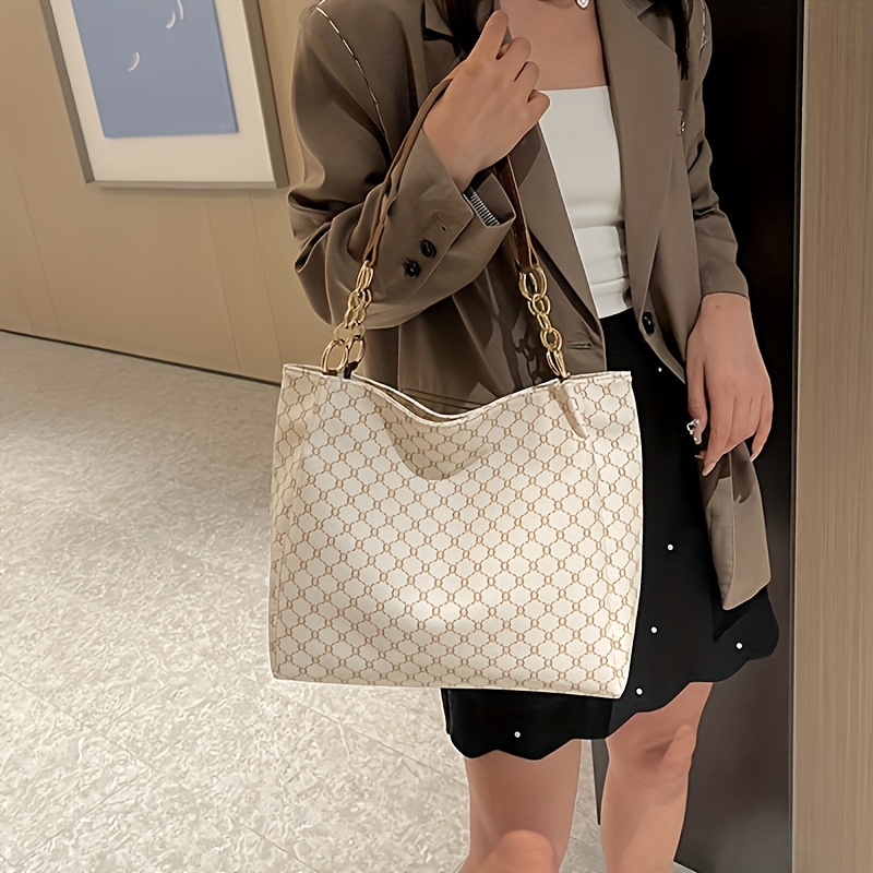Classic Geometric Pattern Tote Bag, Vintage Shoulder Women's Office Bag,  All-match Pu Leather Bag - Temu