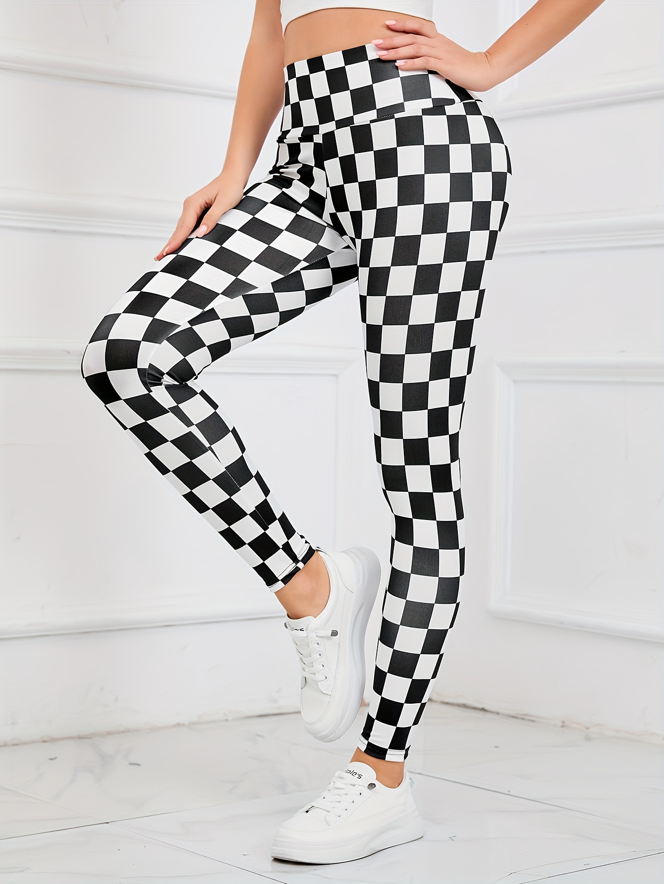 Checkerboard Plaid Print Workout Yoga Tight Pants Stretchy - Temu