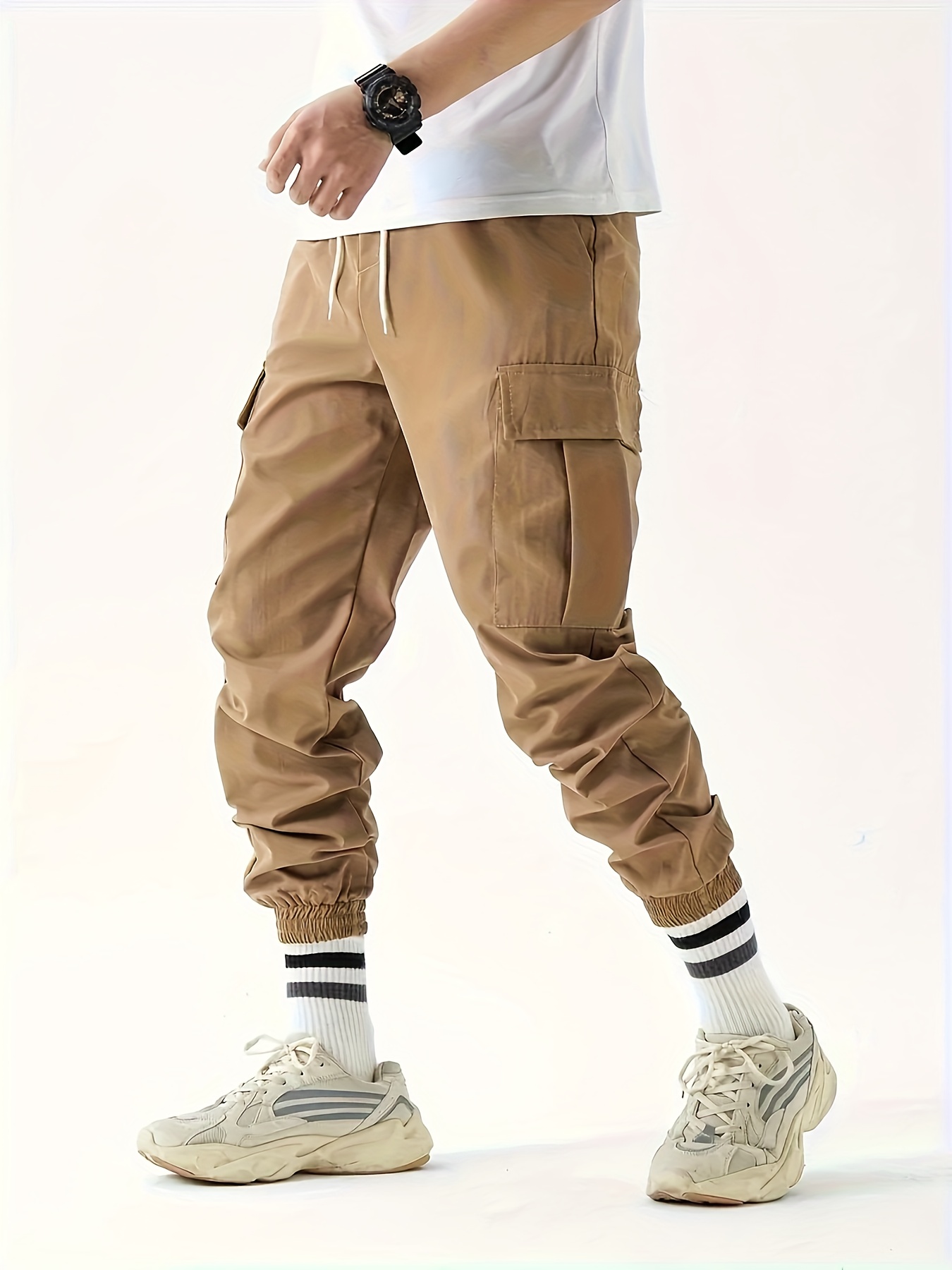Men's Plus Size Green Drawstring Cargo Pants, Breathable Lightweight Casual  Trousers For Spring Summer