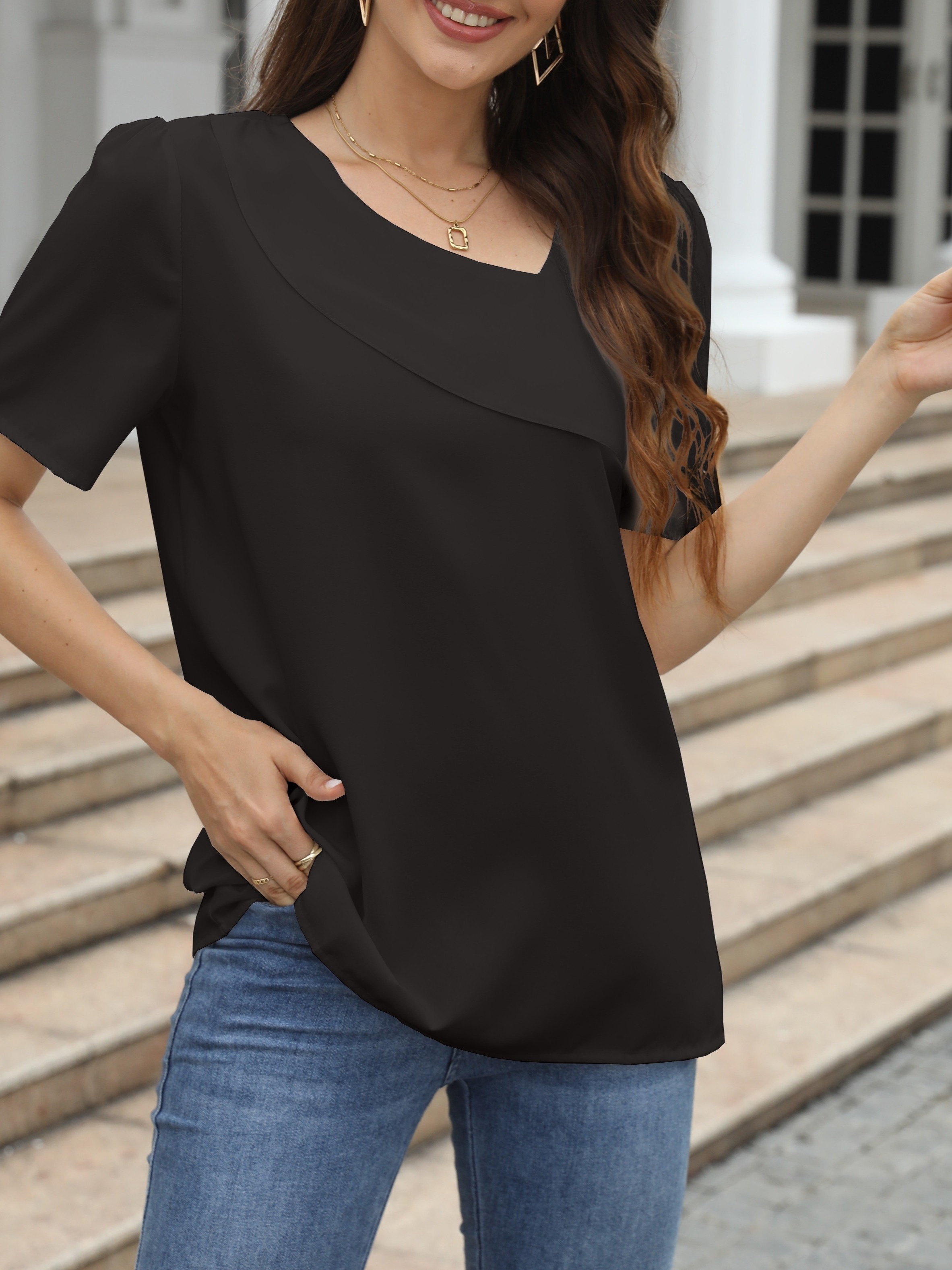 Solid Slant V Neck T-shirt, Casual Short Sleeve Top For Spring