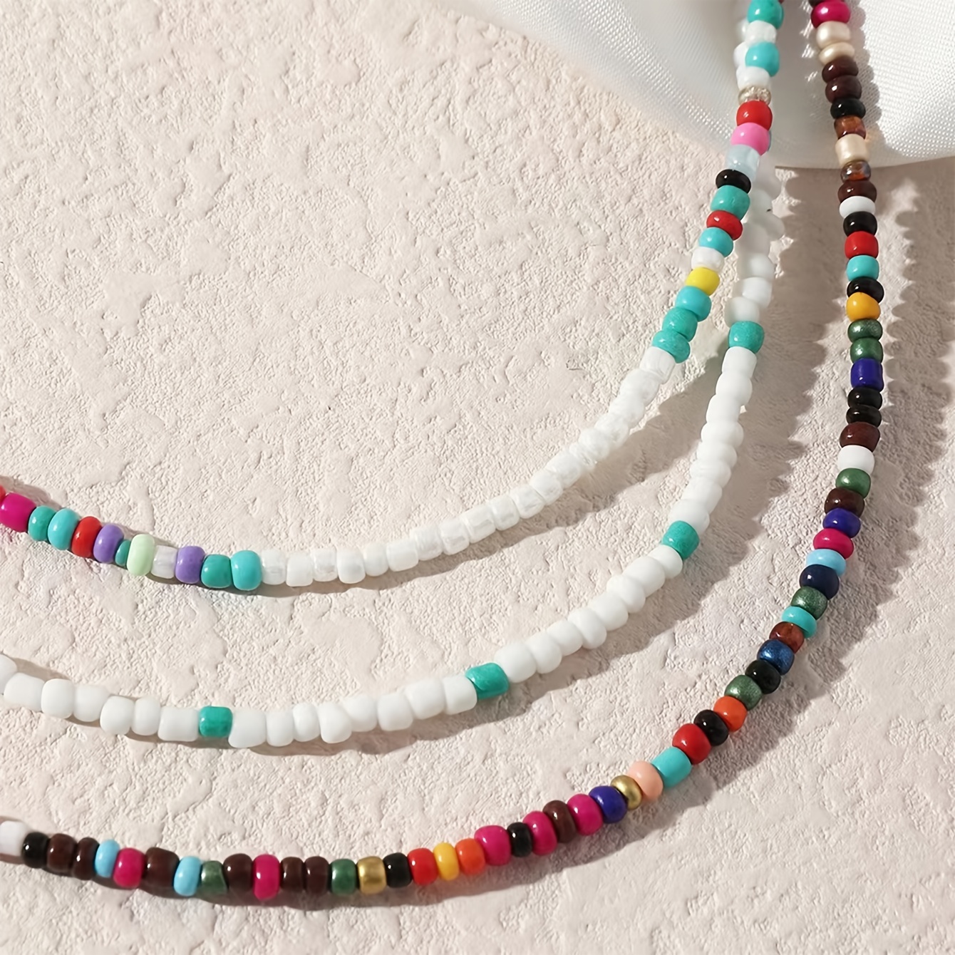 3pc Boho Colorful Rice Beads Stacking Necklace Set